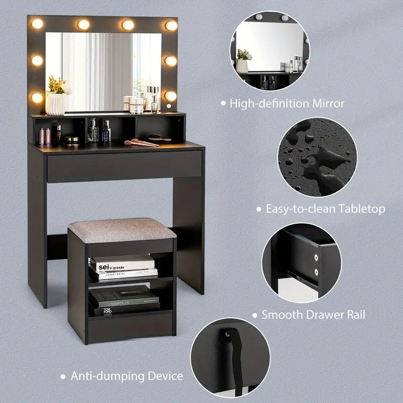 Dressing Table Vanity Table Set Large Makeup Dressing Desk w/ Lighted Mirror Storage Stool