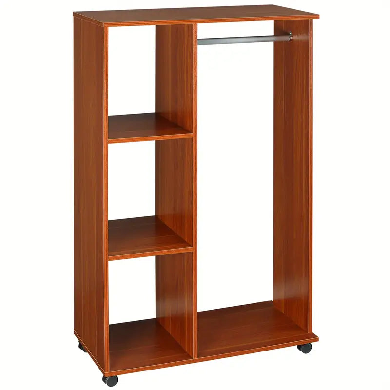 Wardrobe Open on Wheels with Clothes Rail, Bedroom Clothes Storage WALNUT