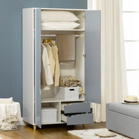 Wardrobe 2 Door 2 Drawers Anti-tipping Design, Modern Bedroom Furniture, GREY