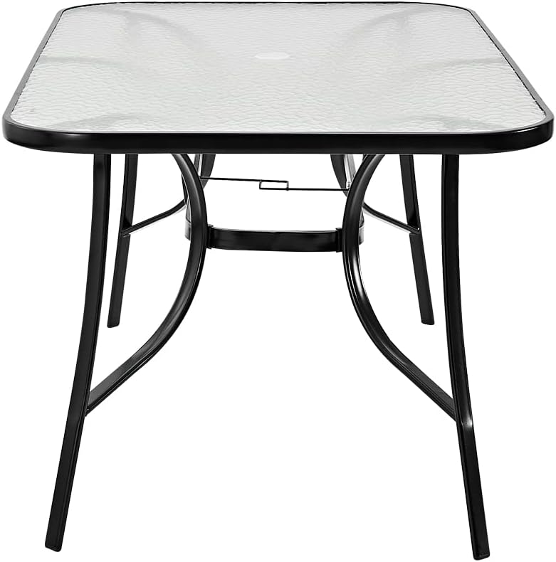 Garden Dining Table with Tempered Glass Top Parasol Hole Metal Frame Coffee Table