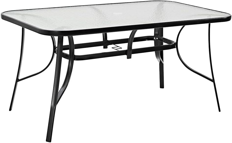 Garden Dining Table with Tempered Glass Top Parasol Hole Metal Frame Coffee Table