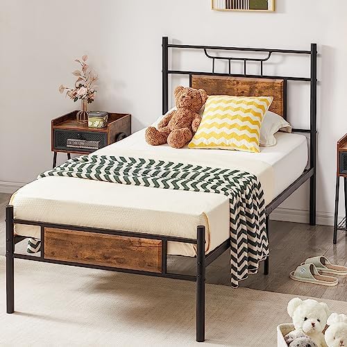 Metal Kids Single Bed Wood Headboard, Platform with Strong Metal Slats Support