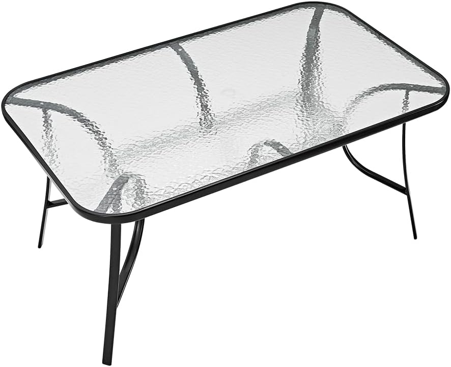 Garden Dining Table with Tempered Glass Top Parasol Hole Metal Frame Coffee Table