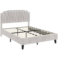 Chesterfield Upholstered Bed Frame Velvet (BEIGE) Platform Bed with Height Adjustable Headboard With Wooden Slat Support