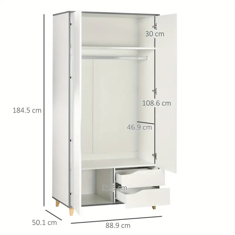 Wardrobe 2 Door with 2 Drawers, Storage Cupboard with Clothes Hanging Rail, WHITE