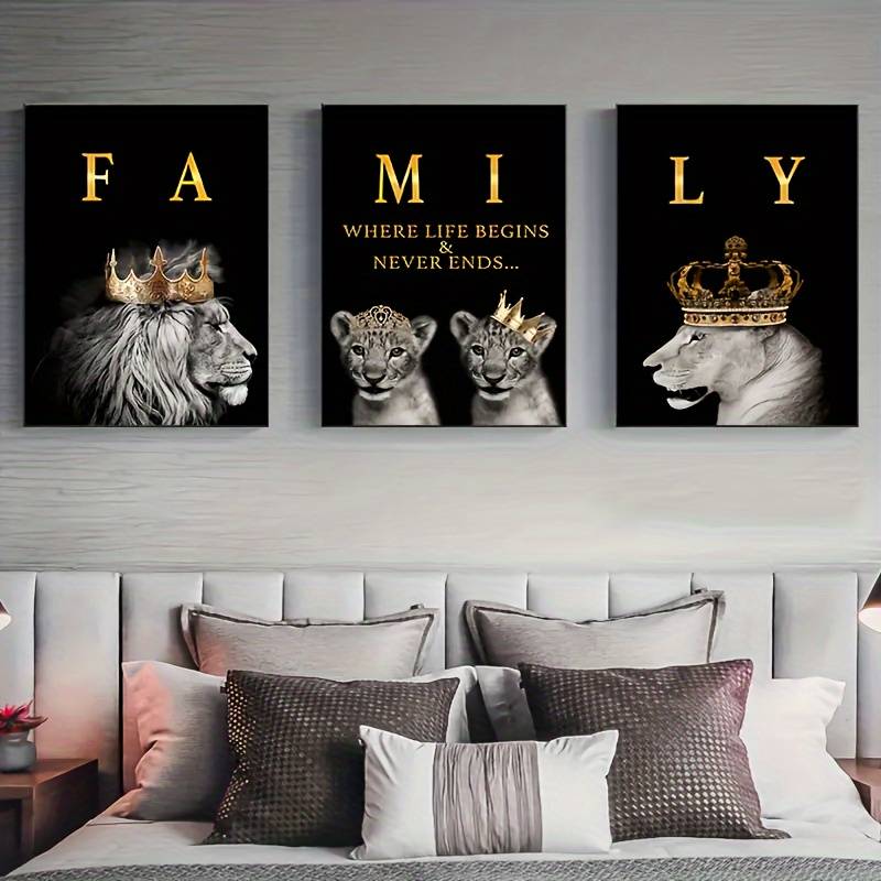 3pc Modern Glam Lion Family Canvas Wall Art - Motivational Set of 3