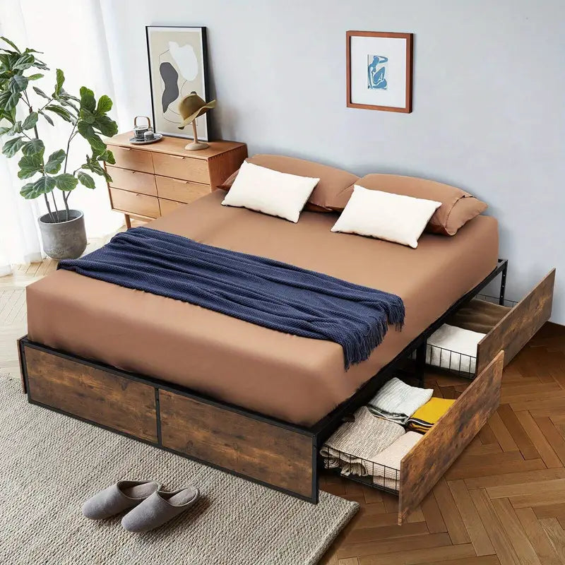 (5ft Kingsize) Wooden Platform Bed Frame With Iron Base, Storage Bed With 4 Drawers, Easy Installation