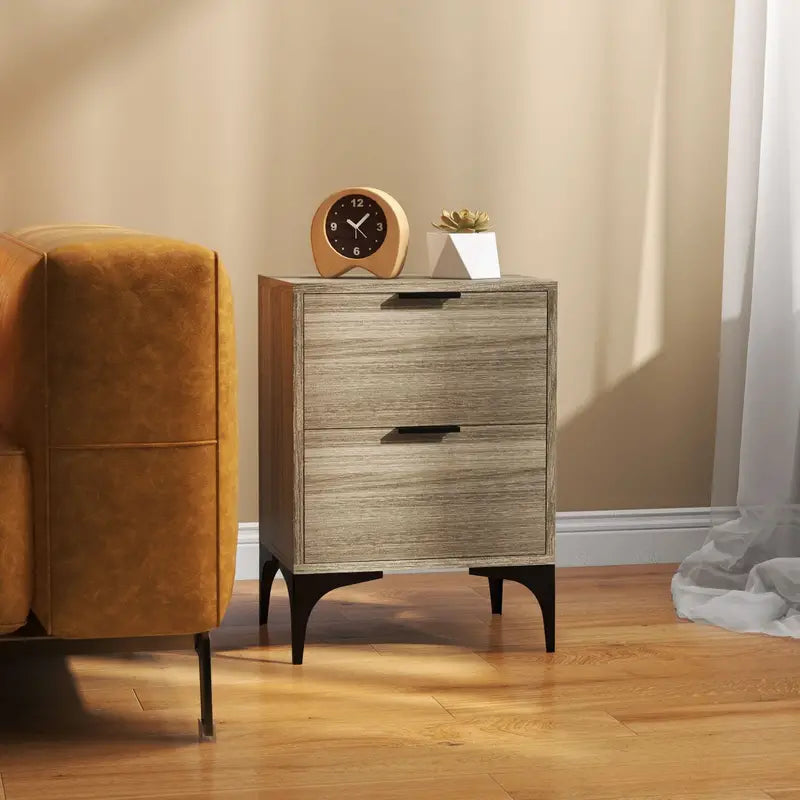 Bedside Tables Set of 2, Modern 2 Drawers, Small Sofa End Tables with Storage and Steel Legs for Bedroom