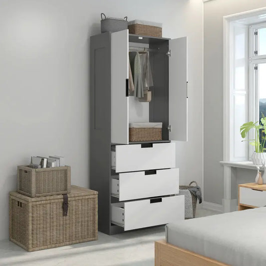 Wardrobe 2 Door Modern Wardrobe with 3 Drawers and Hanging Rod for Bedroom GREY