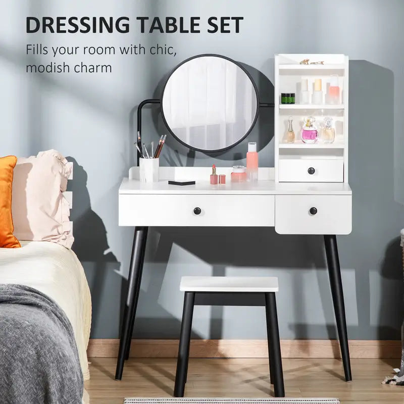 Dressing Table Set with Mirror and Stool, Vanity Makeup Table with 3 Drawers White