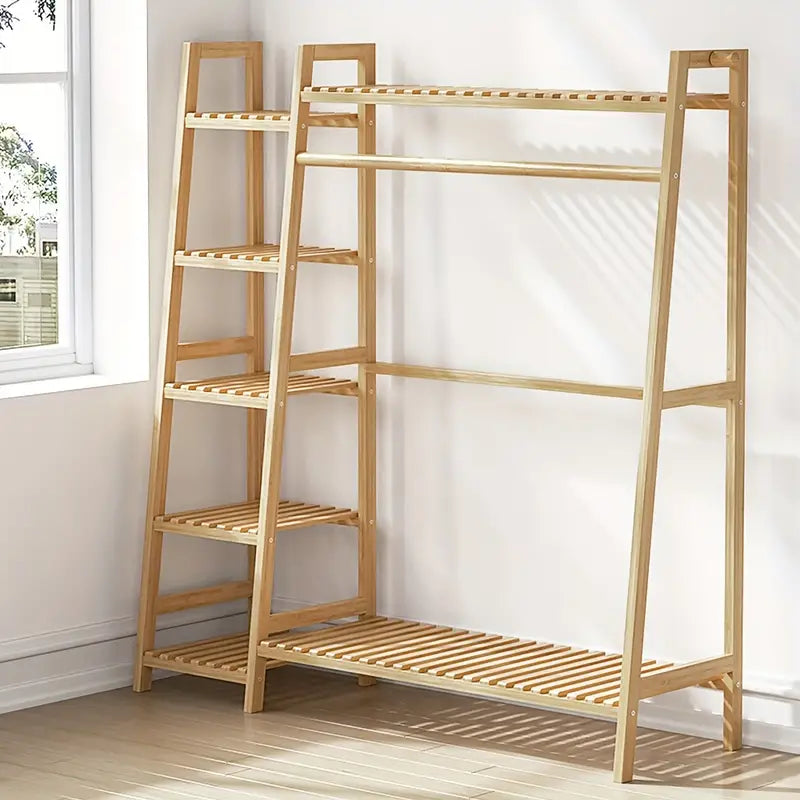 Wardrobe Bamboo Wood Open Clothes Rail Rack Hanging Garment Organize