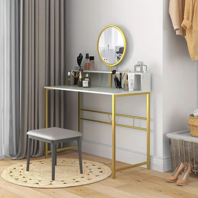 Dressing Dressing Table with Round Mirror, Vanity Makeup Desk with Open Storage