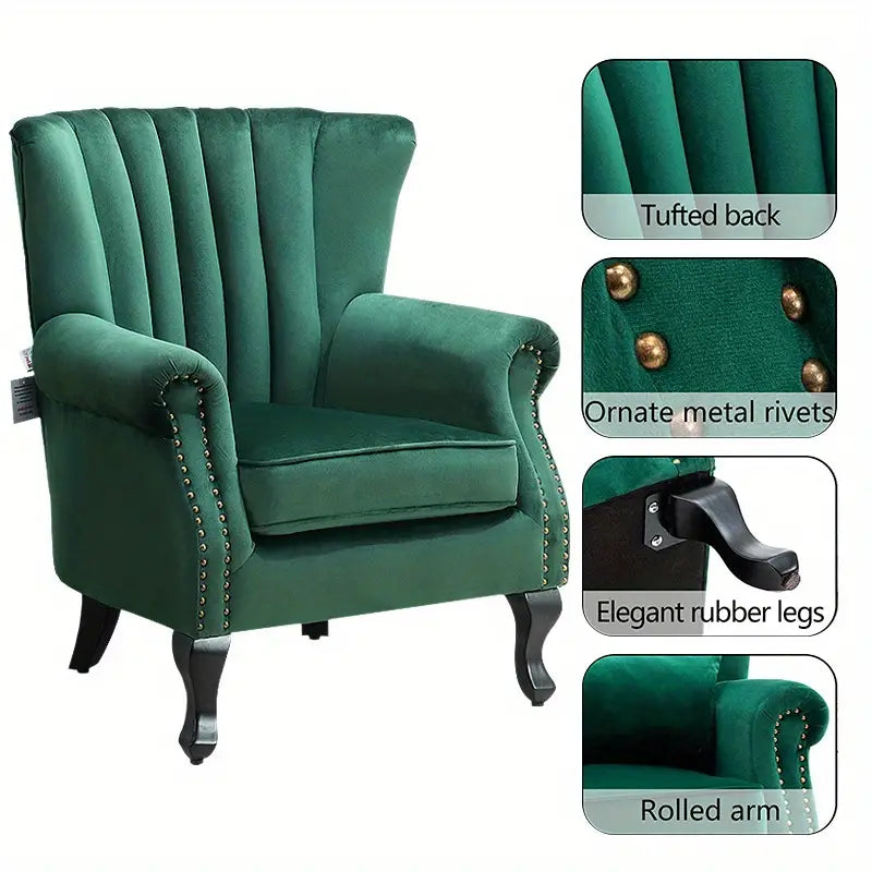 Chesterfield Green Armchair Queen Anne Chair Curved Scallop Shell Wingback