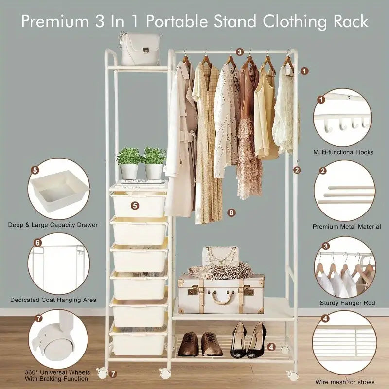 Wardrobe Clothes Rack With Wheels, Shoe Rack & Hanging Hooks For Hats And Bags