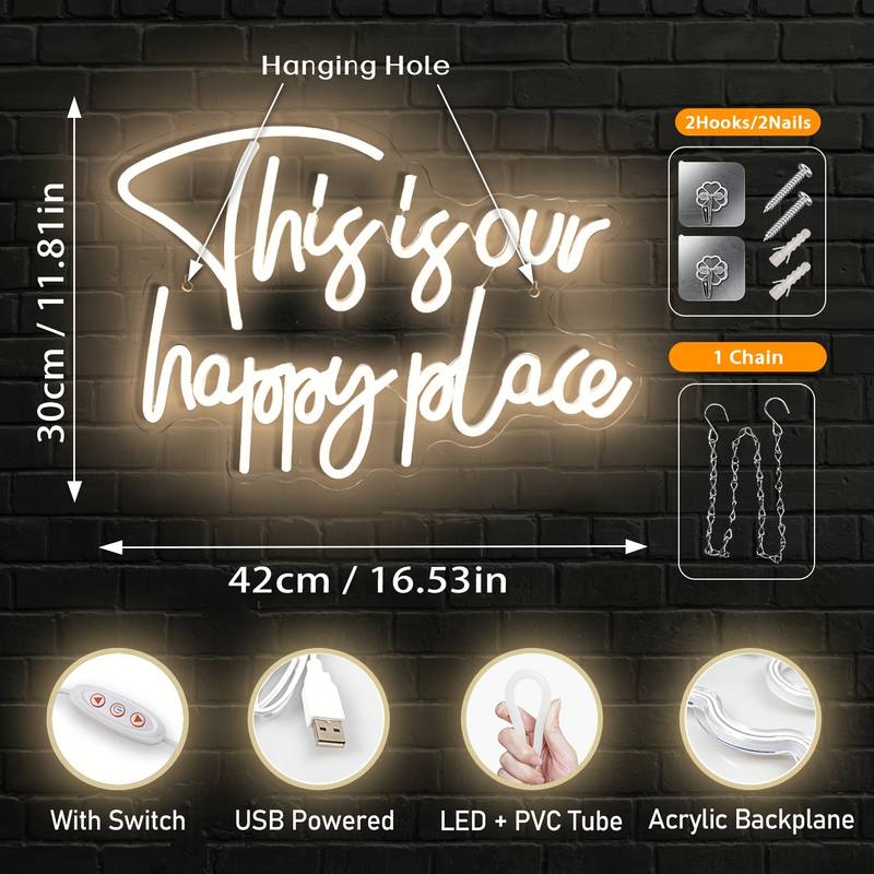 This is Our Happy Place Neon Sign, Personalised Neon Letters Light Up Signs USB Powered