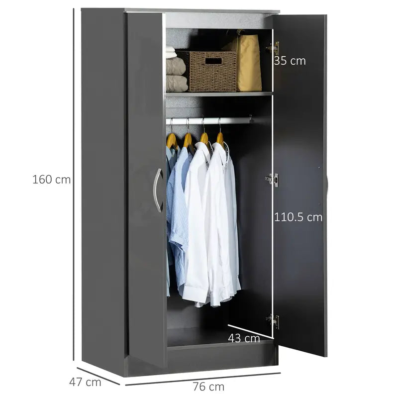 Wardrobe High Gloss Wardrobe, 2 Door Wardrobe with Hanging Rod and Storage Grey