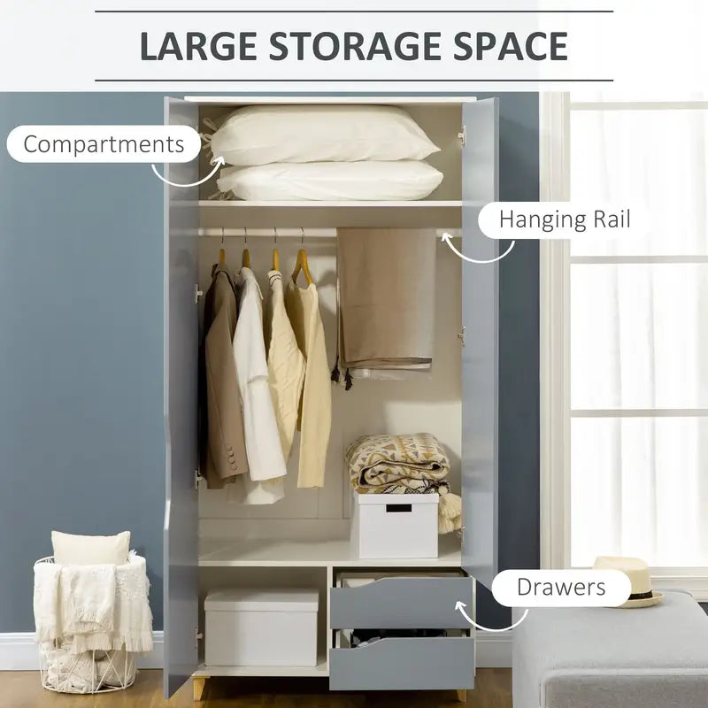 Wardrobe 2 Door 2 Drawers Anti-tipping Design, Modern Bedroom Furniture, GREY