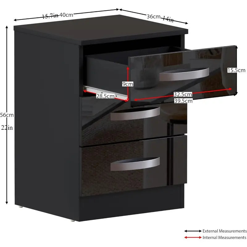 Rectangular High Gloss Chest Of Drawers, 3 Drawers With Metal Handles and Anti-Bowing Drawer