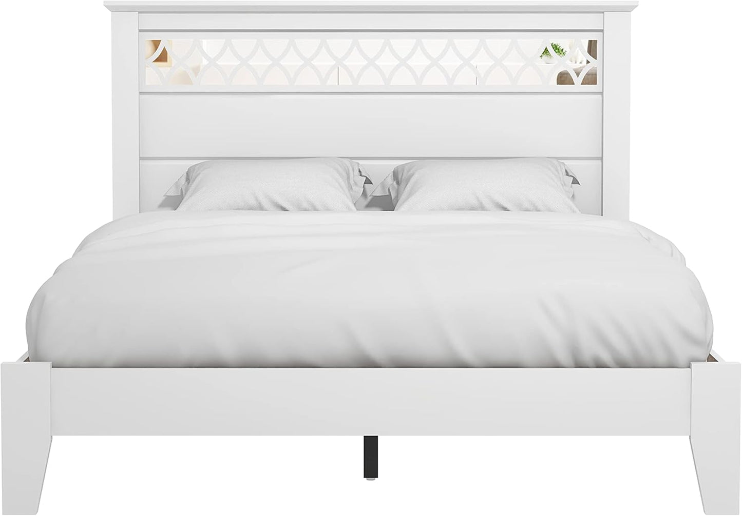 Wooden Double White Bed - Stylish Wooden Bedframe Mirrored Headboard