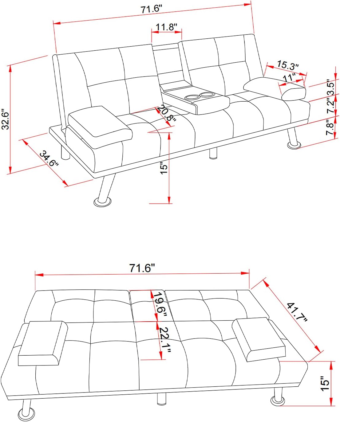 Sofa Modern Dark Gray Fabric Sofa Bed with 2 Cup Holders & Removable Pillow Fireproof