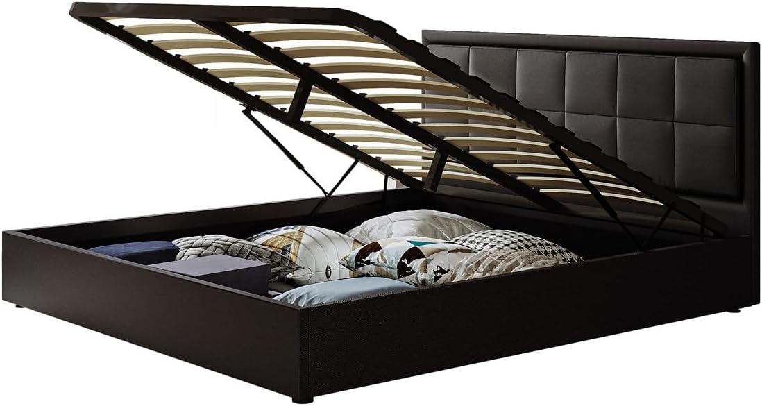 Ottoman Lift Storage Bed Frame with LED Headboard, Faux Leather