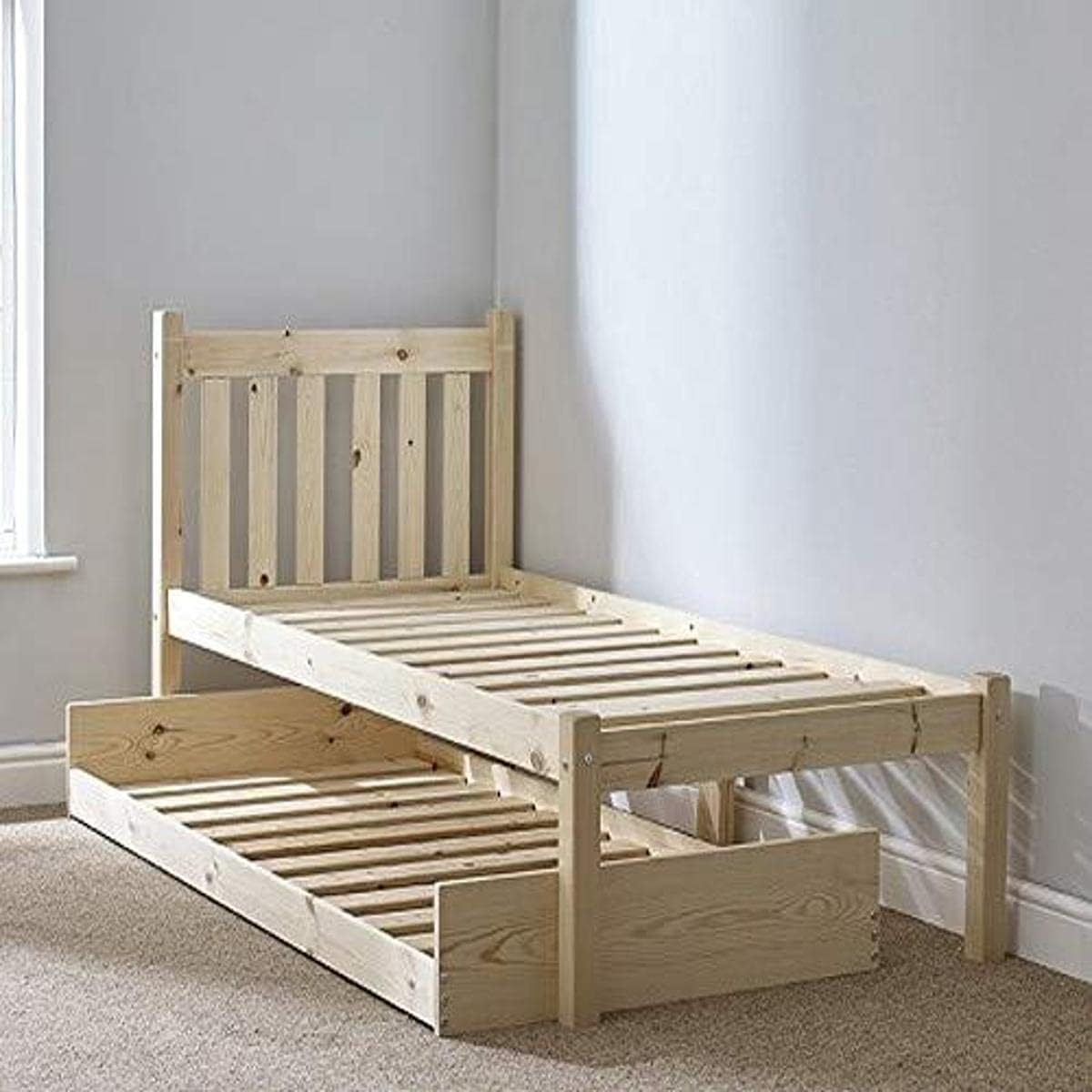 Bunk Bed Frame Wooden Bunk Bed Pine with Pull-out Trundle Guest Bed