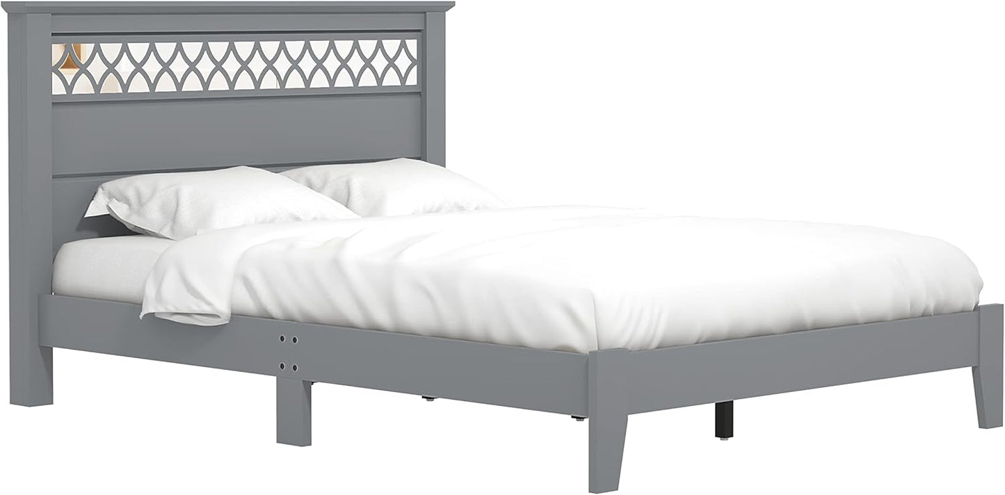 Wooden Double White Bed - Stylish Wooden Bedframe Mirrored Headboard