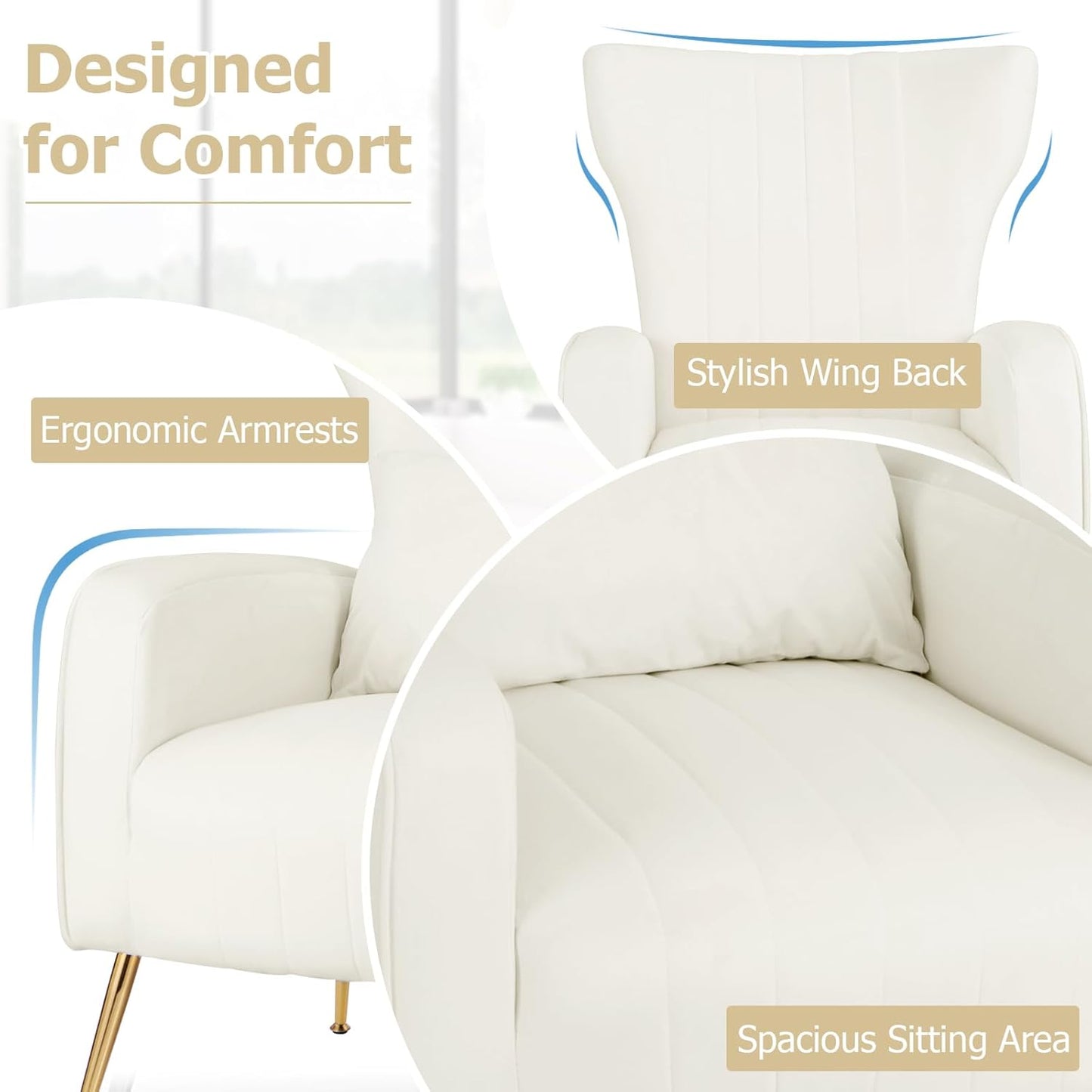 Sofa Velvet Accent Chair, Upholstered Wingback Armchair Comfy Reading Chair with Lumbar Pillow