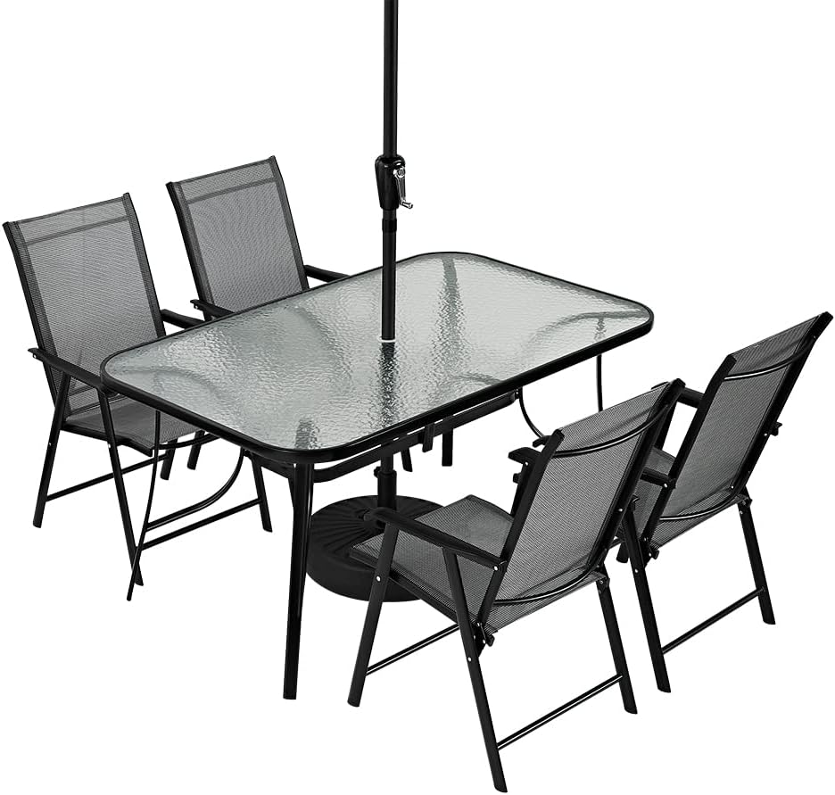 Garden Dining Table with Tempered Glass Top Parasol Hole Metal Frame Coffee Table