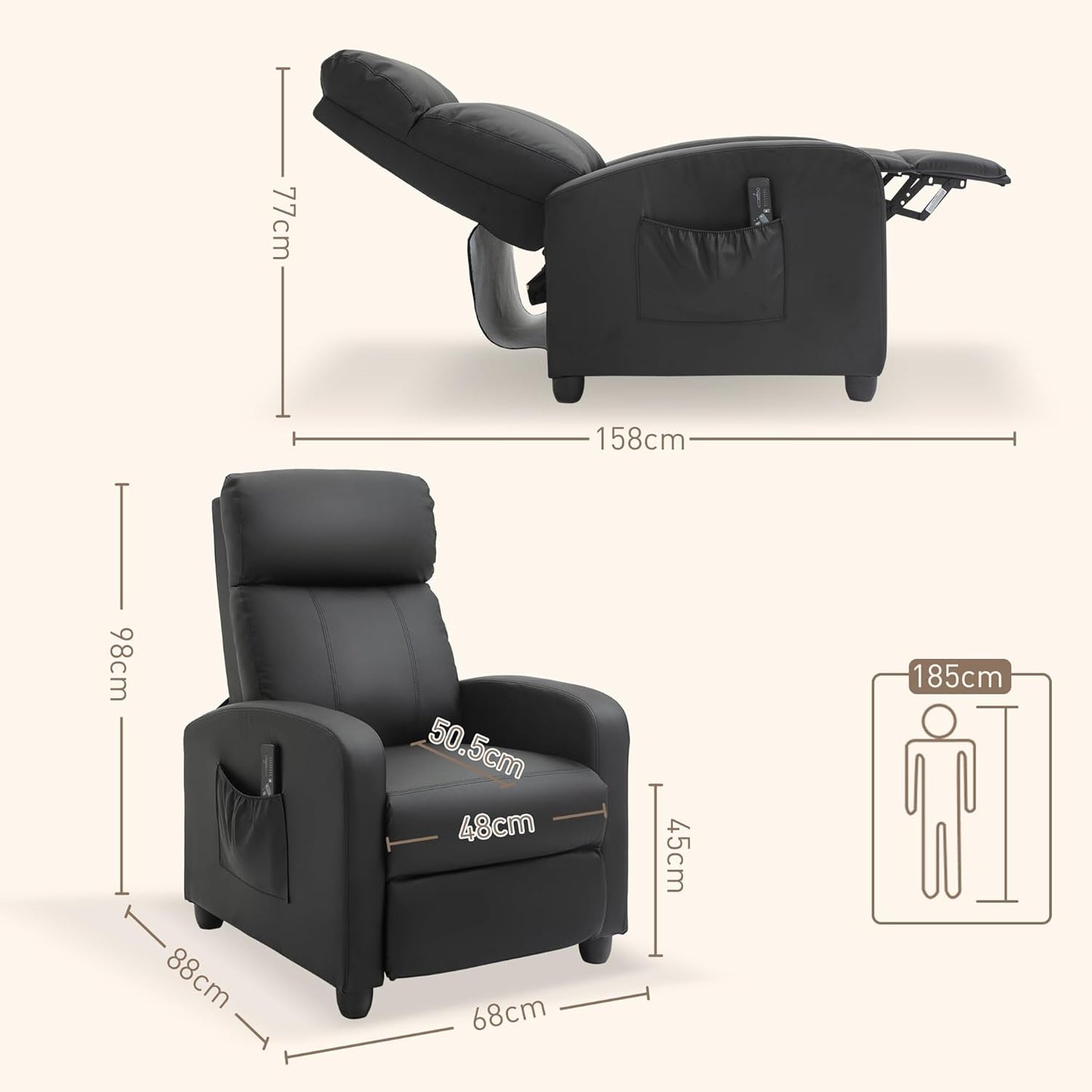 Sofa Recliner Armchair, Massage Faux Leather Push Back Sofa Reclining Chair with Adjustable Leg