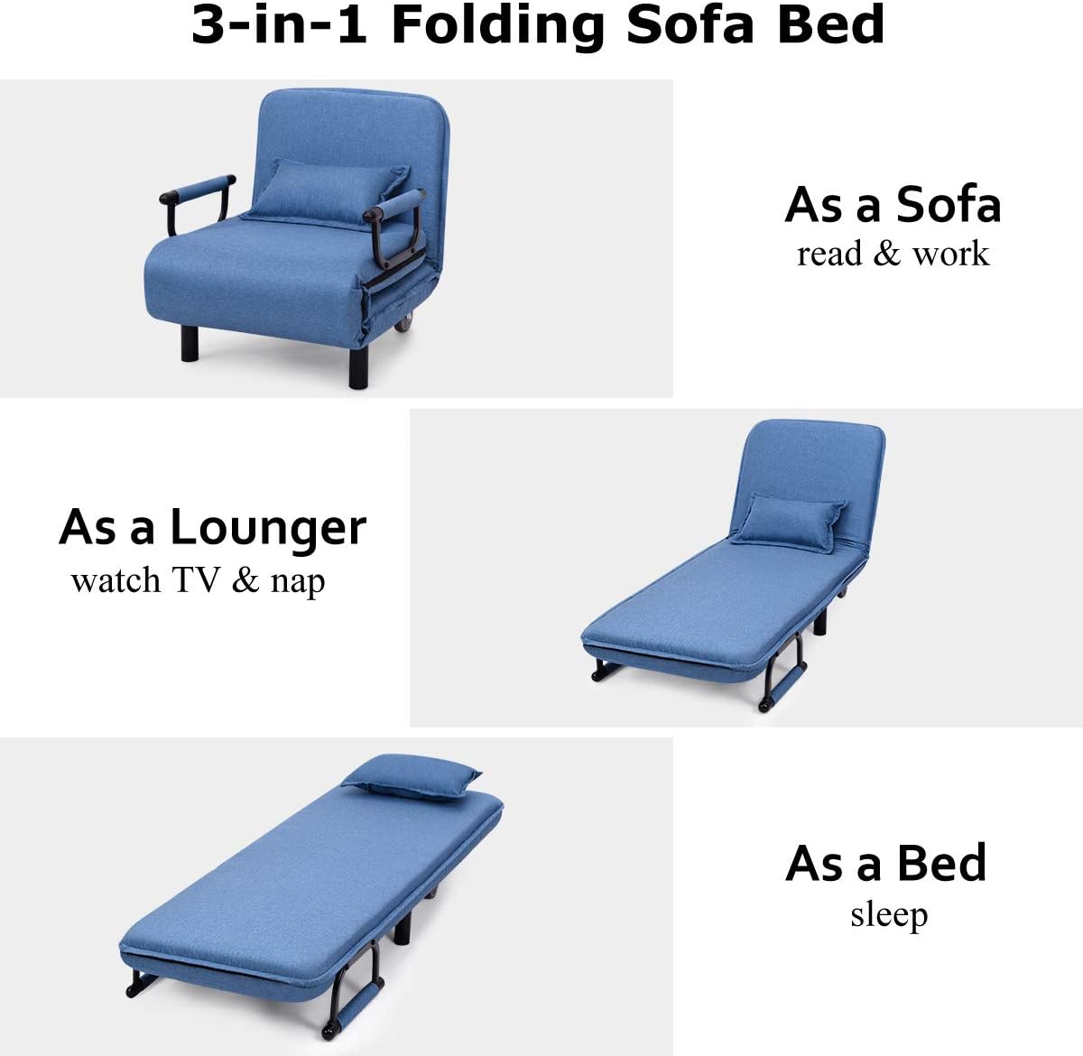 Sofa Folding Sofa Bed, 3-in-1 Convertible Recliner Chair with Pillow and Caster