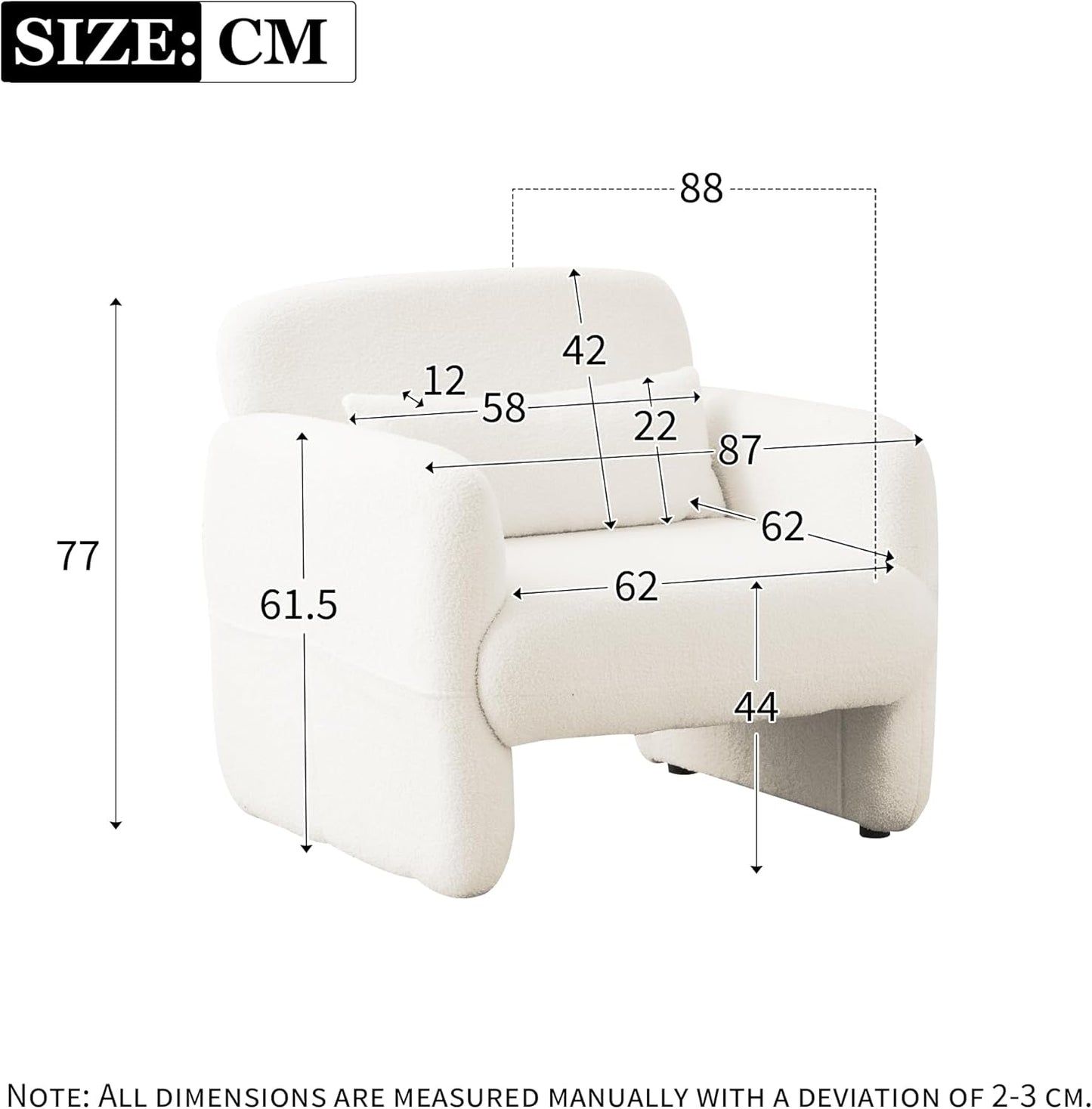 Single Upholstered Sherpa Armchair, Tub Chair with Back Pillow, Accent Chair, Sofa Chair, White Single Sofa