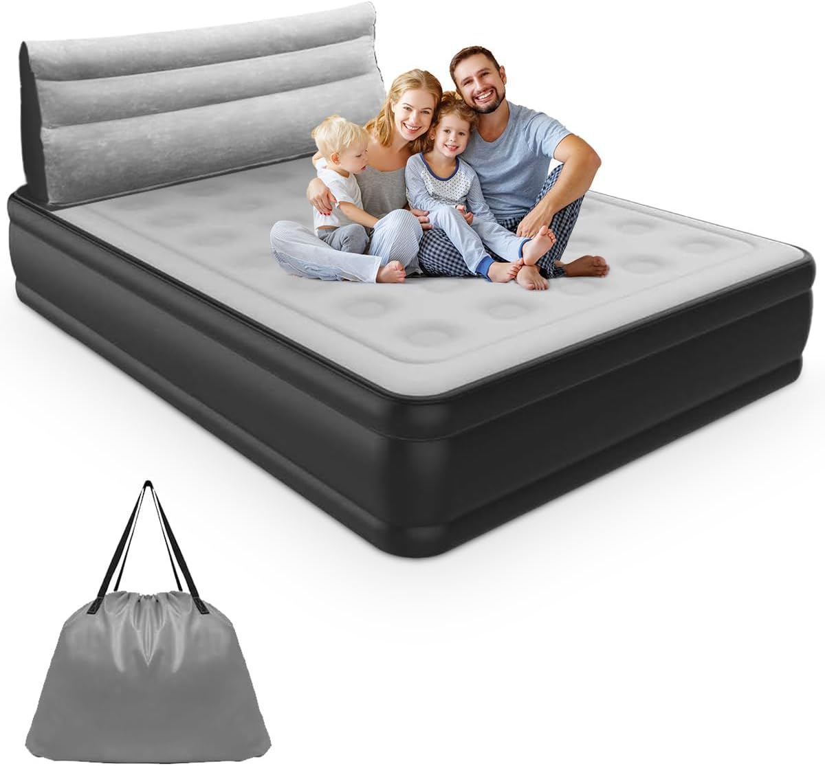 Inflatable Headboard Air Bed Double 18cm Inflatable with Headboard & Electric Pump Home Cam ...