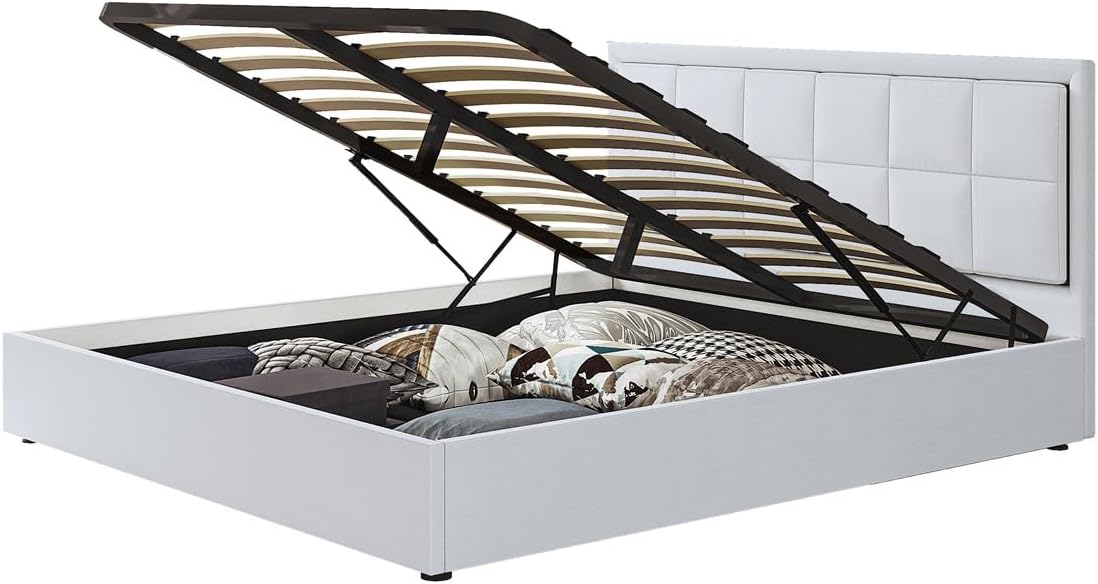 Ottoman Lift Storage Bed Frame with LED Headboard, Faux Leather