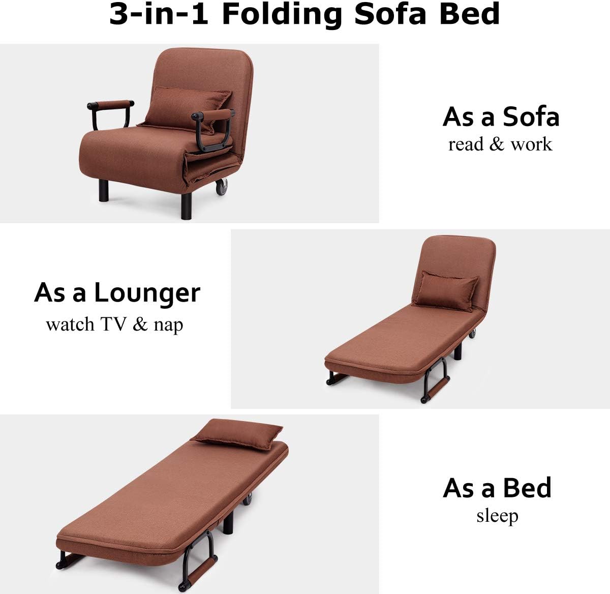 Sofa Folding Sofa Bed, 3-in-1 Convertible Recliner Chair with Pillow and Caster