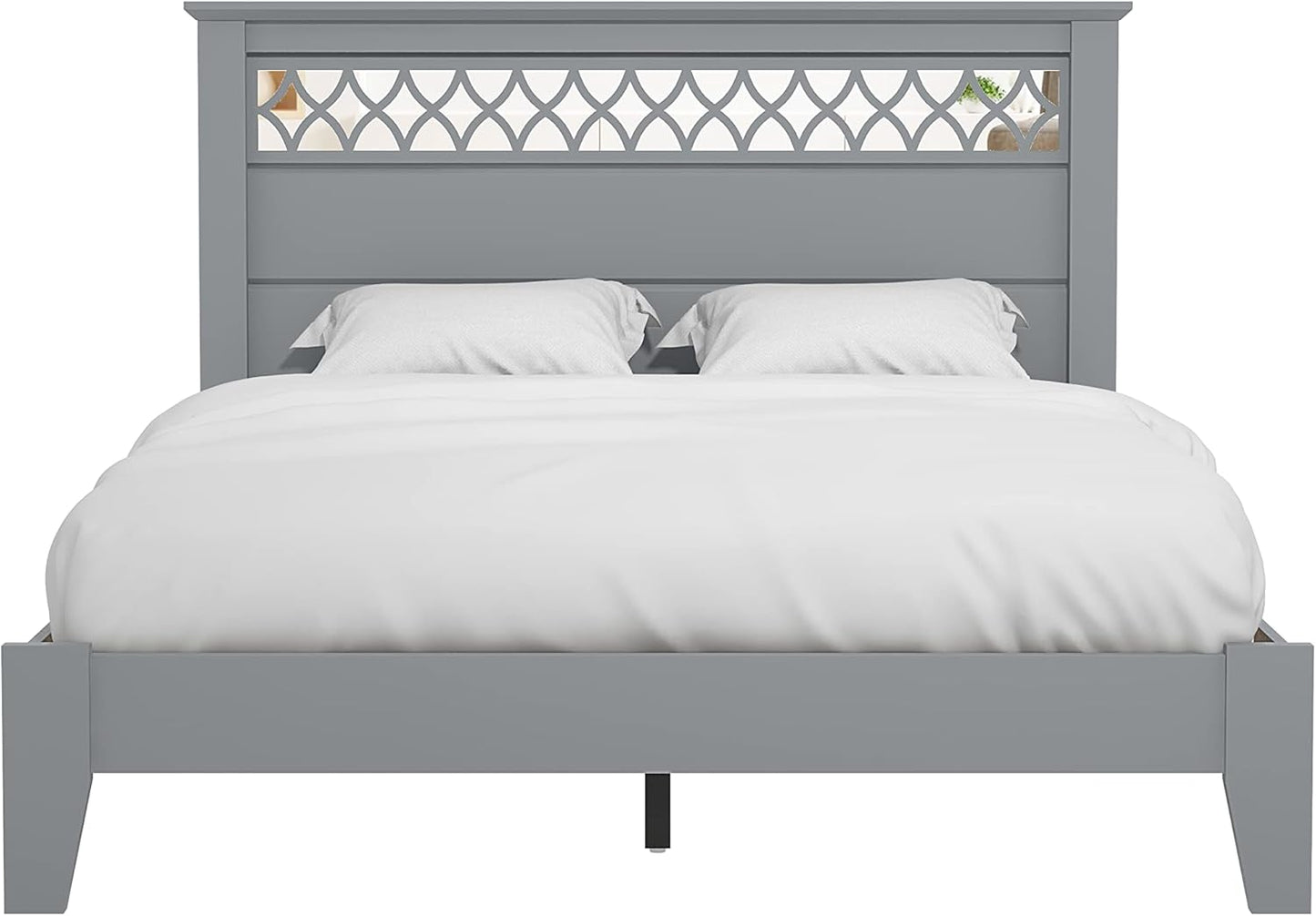 Wooden Double White Bed - Stylish Wooden Bedframe Mirrored Headboard