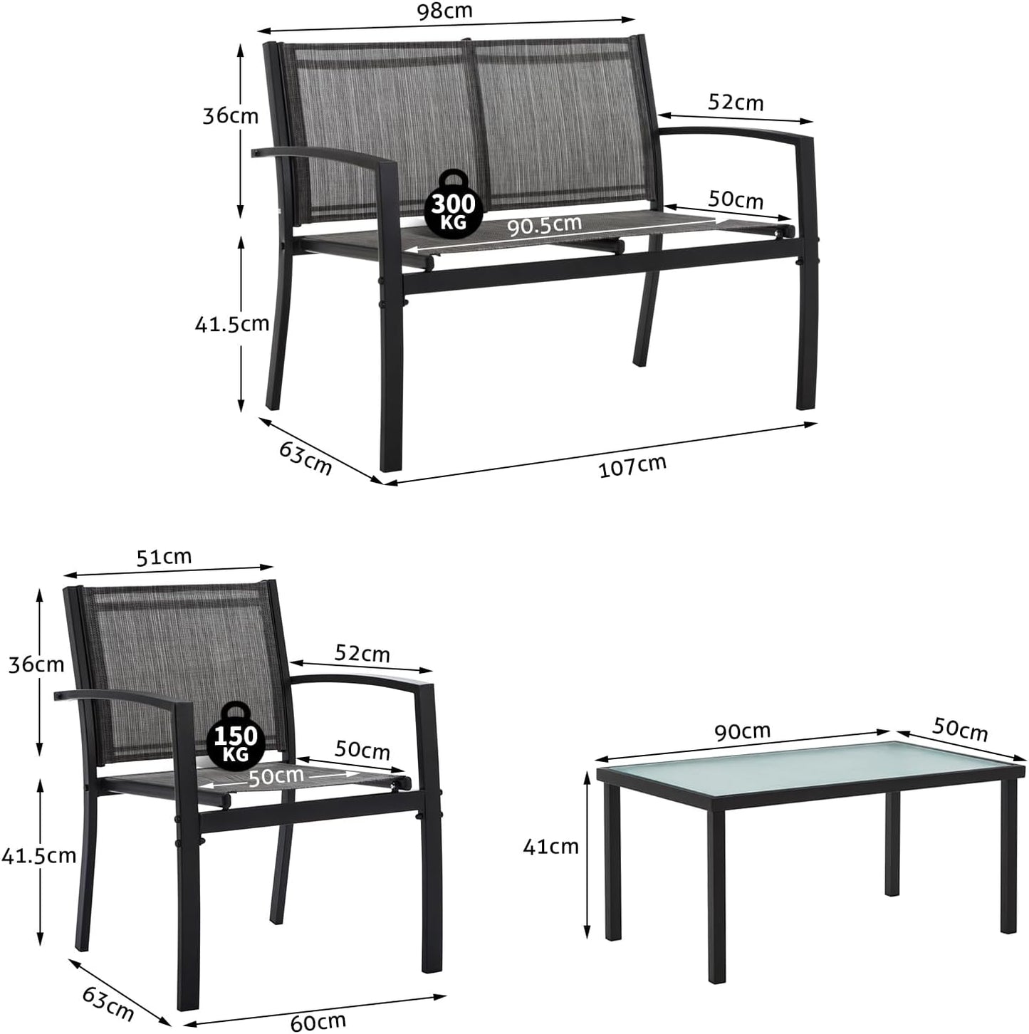 Garden Furniture Set of 4, 4 Seater Textilene Outdoor Patio Furniture Sets for Garden