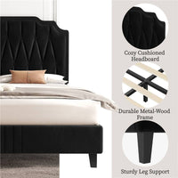 Chesterfield Upholstered Bed Frame Velvet (BLACK) Platform Bed with Height Adjustable Headboard With Wooden Slat Support