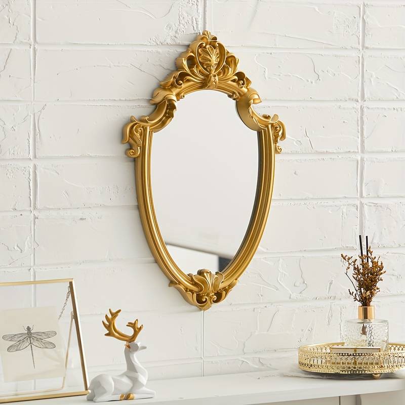 1Pc Vintage Decorative Wall Mirror Of Antique Golden Shield Shape Oval Small Retro Mirror