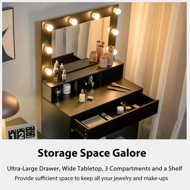 Dressing Table Vanity Table Set Large Makeup Dressing Desk w/ Lighted Mirror Storage Stool