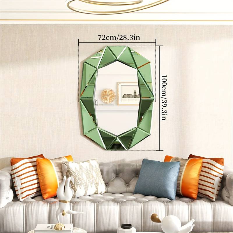 Vintage Green Beveled Glass Wall Mirror Artistic Irregular Accent Mirror for Living Room Bedroom Wall Decor