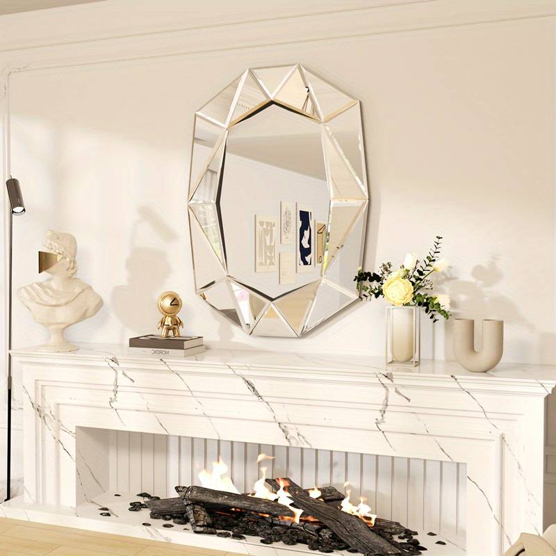 Unique Silver Beveled Edged Glass Wall Mirror Artistic Accent Vanity Mirror for Living Room