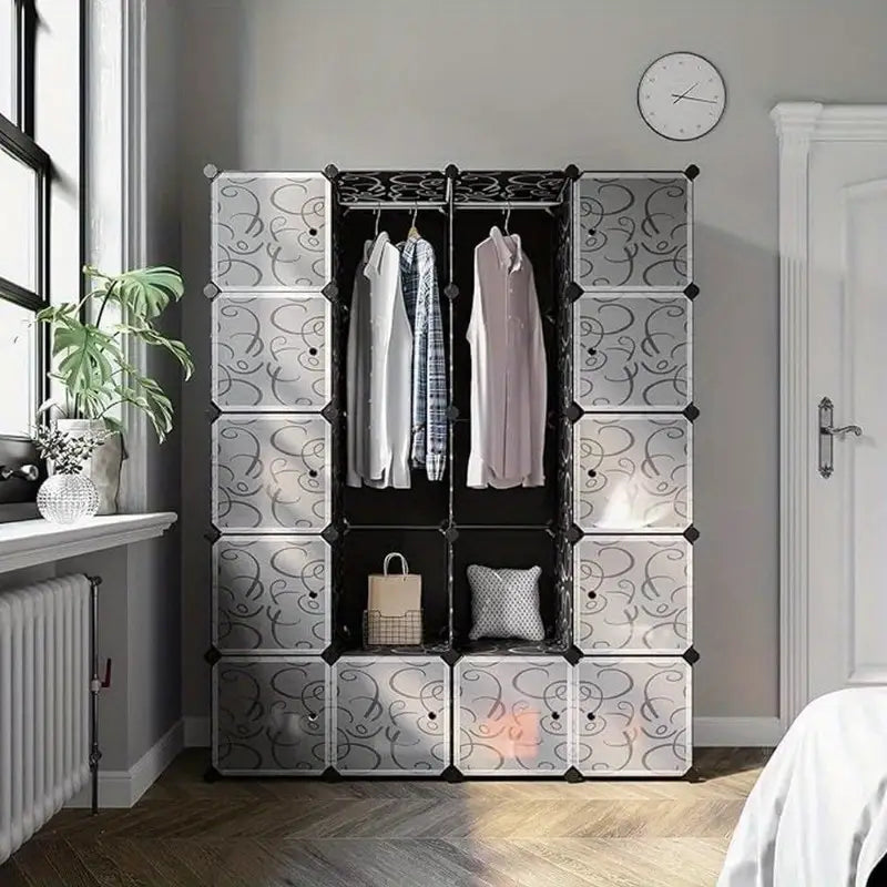 Wardrobe with 2 Clothes Rails 180 x 145 x 37 cm, Black with Patterned Doors BLACK GREY