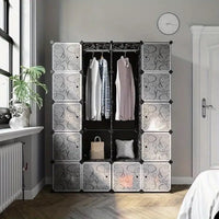 Wardrobe with 2 Clothes Rails 180 x 145 x 37 cm, Black with Patterned Doors BLACK GREY