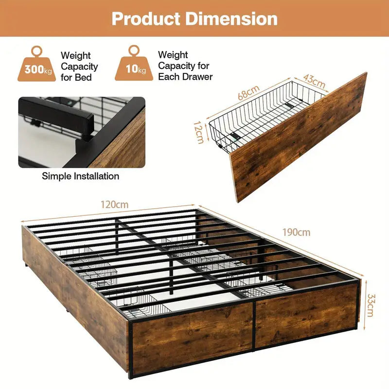 (5ft Kingsize) Wooden Platform Bed Frame With Iron Base, Storage Bed With 4 Drawers, Easy Installation