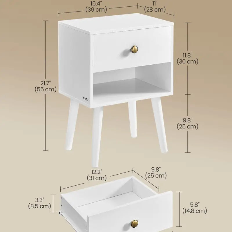 WHITE Bedside Tables, Set of 2, Side Table with Storage Drawer and Open Shelf, Living Room & Bedroom