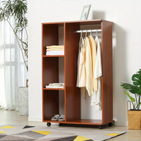 Wardrobe Open on Wheels with Clothes Rail, Bedroom Clothes Storage WALNUT