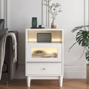 WHITE Bedside Table With Charging Station, End Table With Glass Drawers, With LED Lights