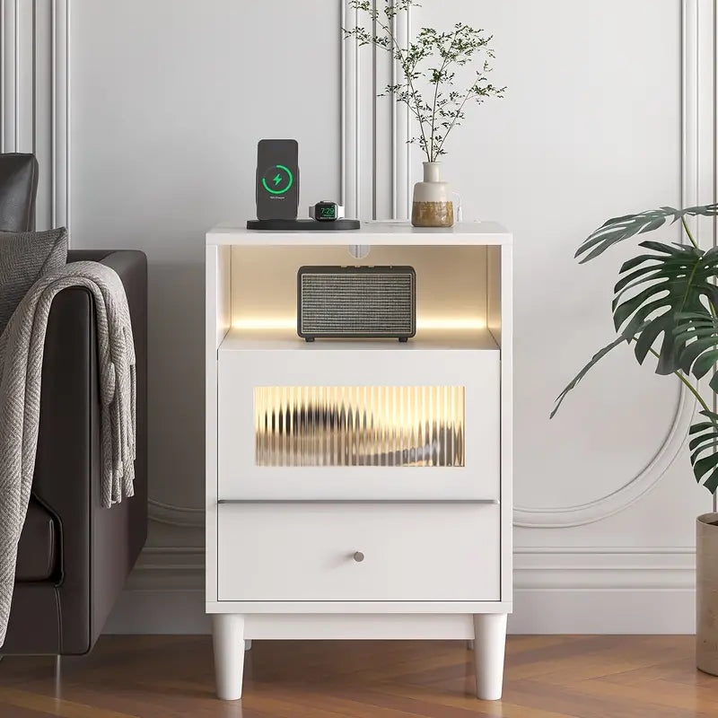 WHITE Bedside Table With Charging Station, End Table With Glass Drawers, With LED Lights