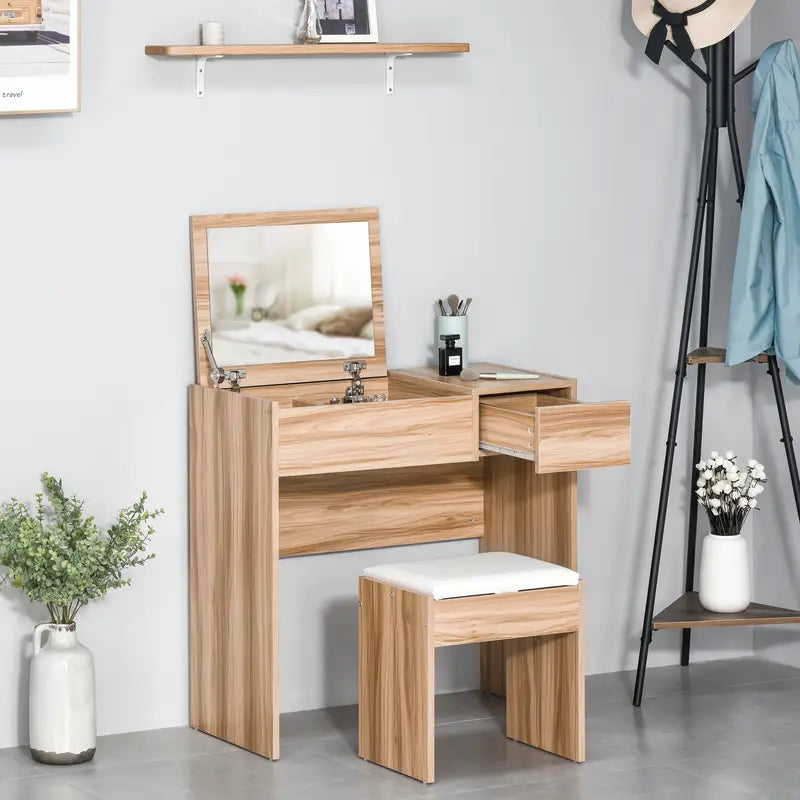 Dressing Table Vanity Table Makeup Desk with Drawer, Vanity Table Set NATURAL WOOD